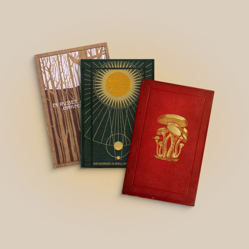 Three books with red, dark green and brown covers laying on top of a beige background. 