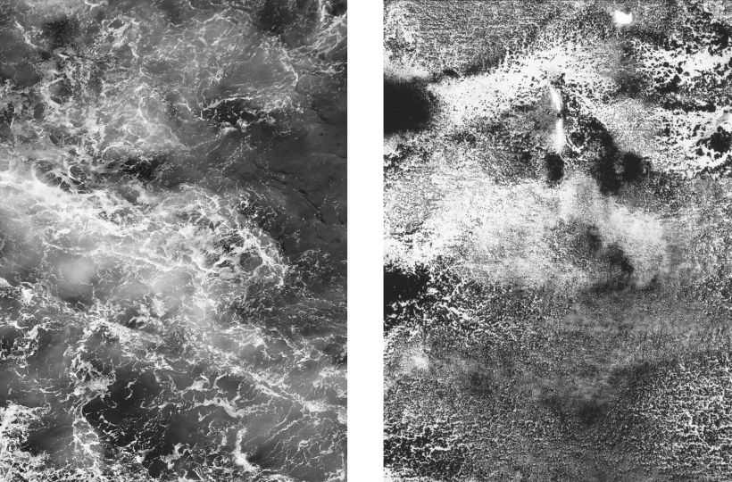 The image on the right reflects the texture of the sea scene on the left.