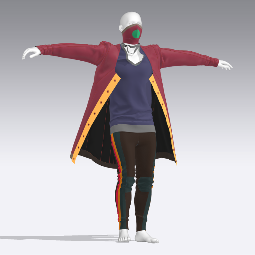 Probé opciones de color y de tejidos, y traté de mejorar la animación y la simulación de la ropa. 