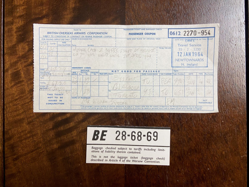An airplane and baggage claim ticket – Snodden's long gone.