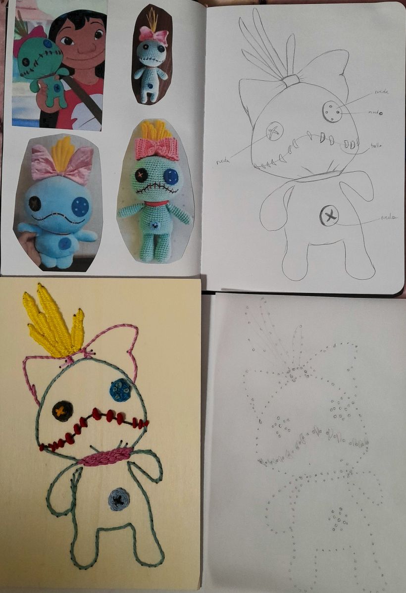 Proyecto personal: Xepa de Lilo & Stitch, empezando por la busca de imagenes, dibujo, dibujo de los agujeros en una hoja de c