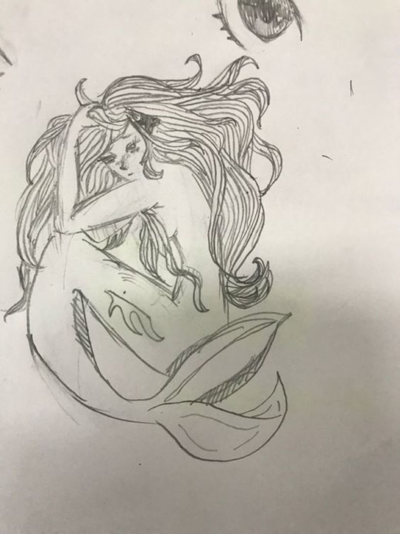 Sad mermaid sketch on a school desk, again (2019)