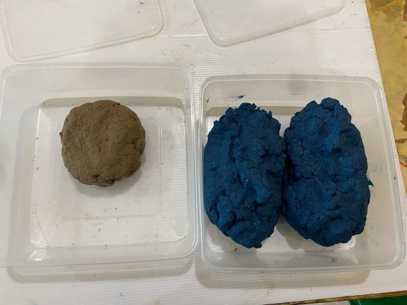 Cardboard pulp in original colour (left) and newspaper pulp in blue (right)