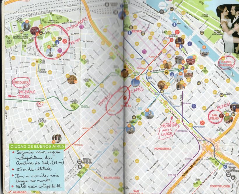 Mapa de Buenos Aires com informações e desejos de passeios.