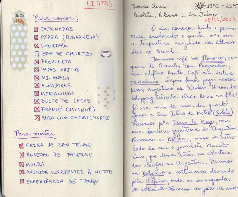 Listas de delícias argentinas e lugares para visitar. Parte do diário de 19/11/2023.