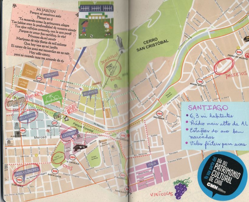 Mapa de Santiago com curiosidades e uma poesia.