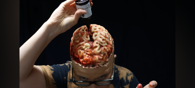 Adding fake blood to the brain to let it drip.