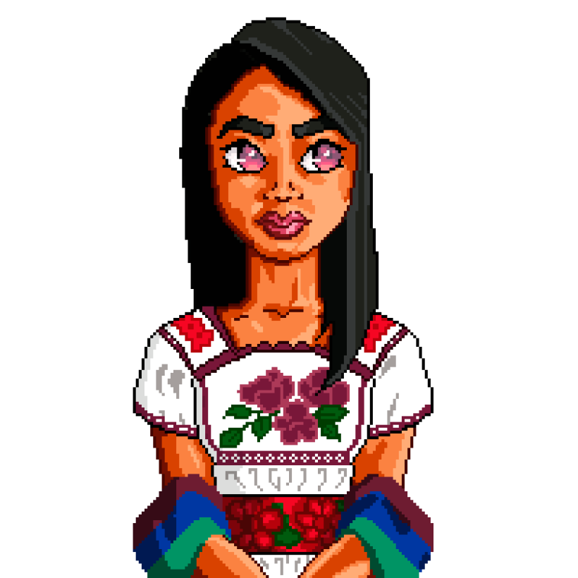 Mujer Joven con vestimenta tradicional Purépecha estilo Pixel Art sin fondo