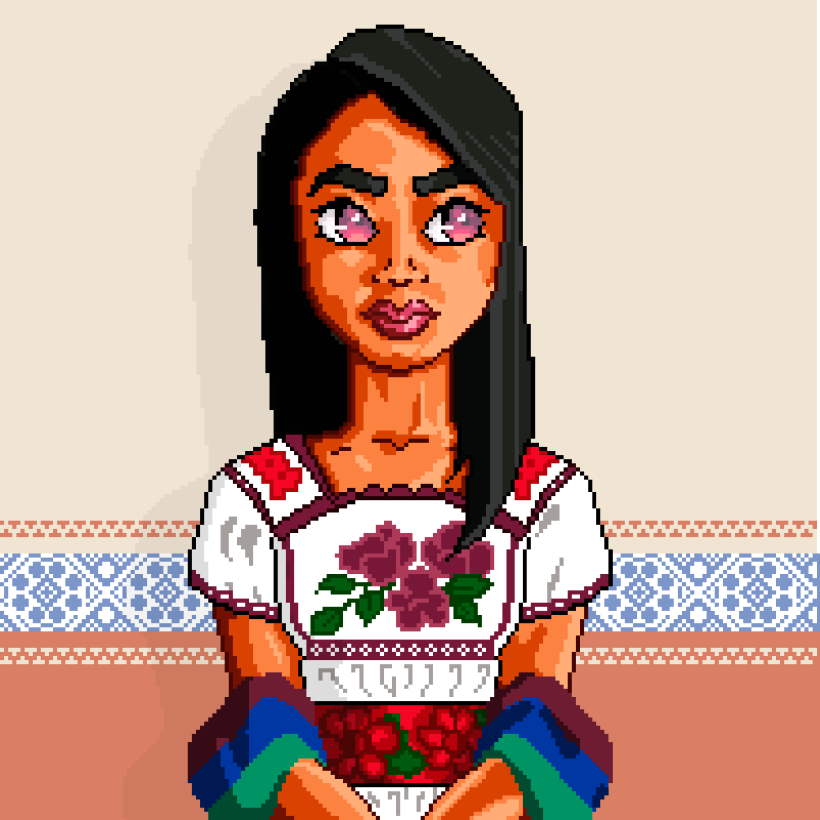 Mujer Joven con vestimenta tradicional Purépecha estilo Pixel Art