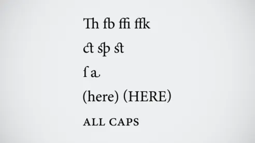 Different stylistic groups: simple and decorative ligatures, adapted parentheses and small caps.