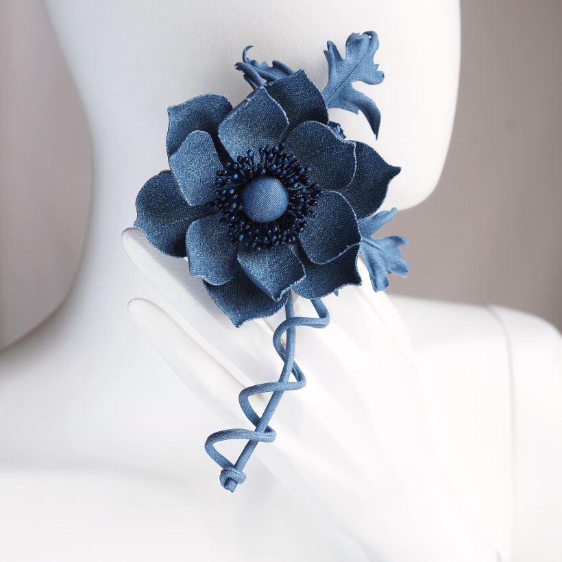 Anemone flower corsage made with upcycled denim