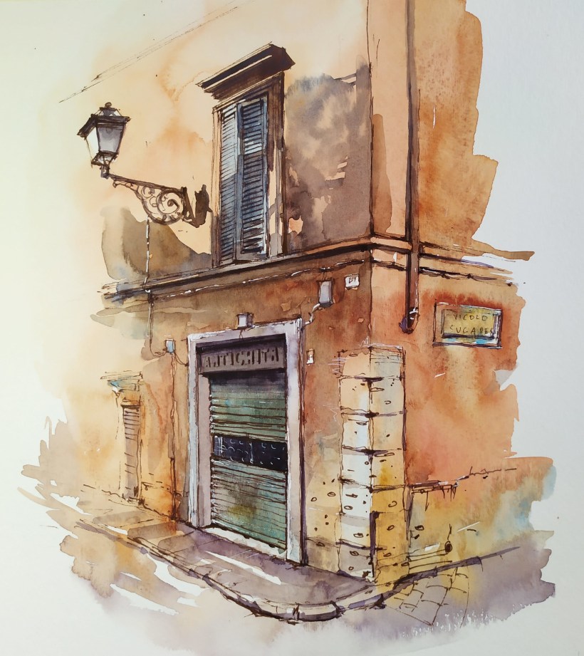 fluido Almacén Empleador Rome, city corner, ink and watercolor painting | Domestika