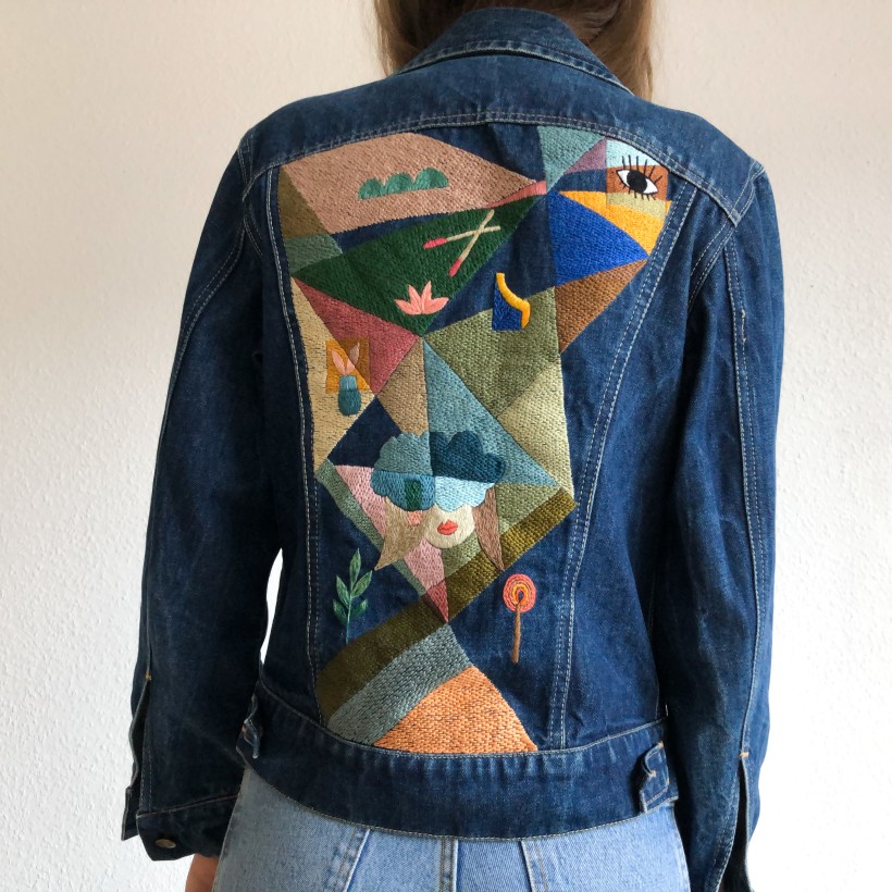 100+ hours of intuitive hand embroidery on vintage denim jacket | Domestika