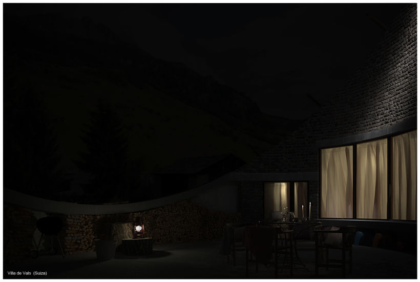 Villa de Vals exterior noche 3D 1