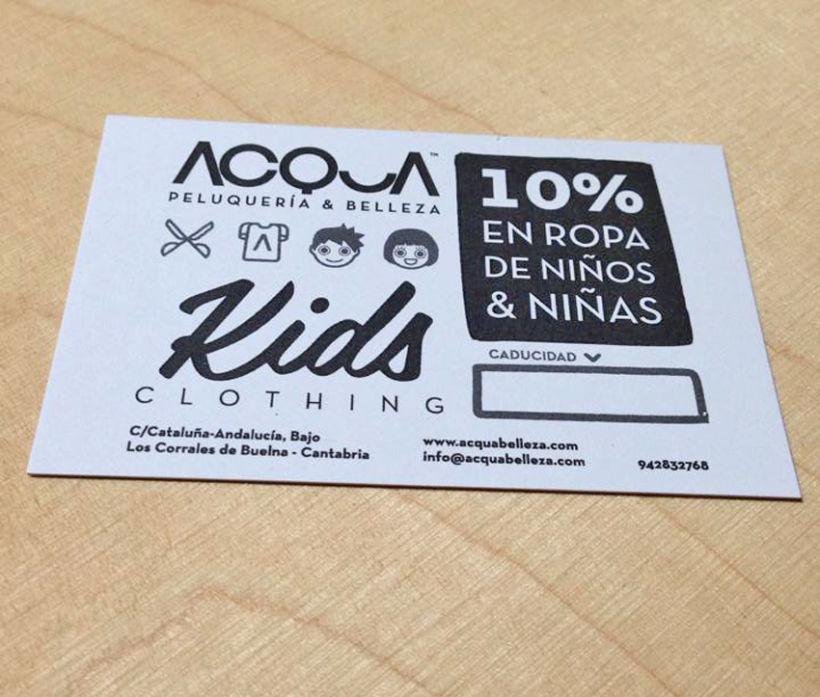 Tarjeta de descuento en ropa de niños para ACQUA | Peluquería & Belleza 3