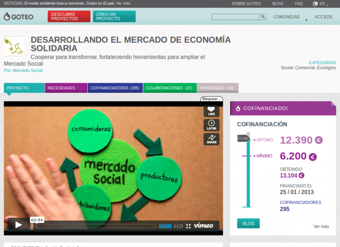 Mercado Social: colaboración  en  la difusión de la campaña de crowdfunding en Goteo 0