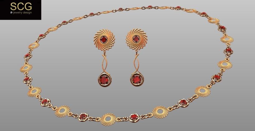 Necklace and earrings. Red gold and ruby. -1