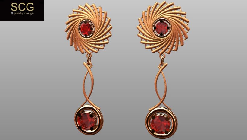Necklace and earrings. Red gold and ruby. 0