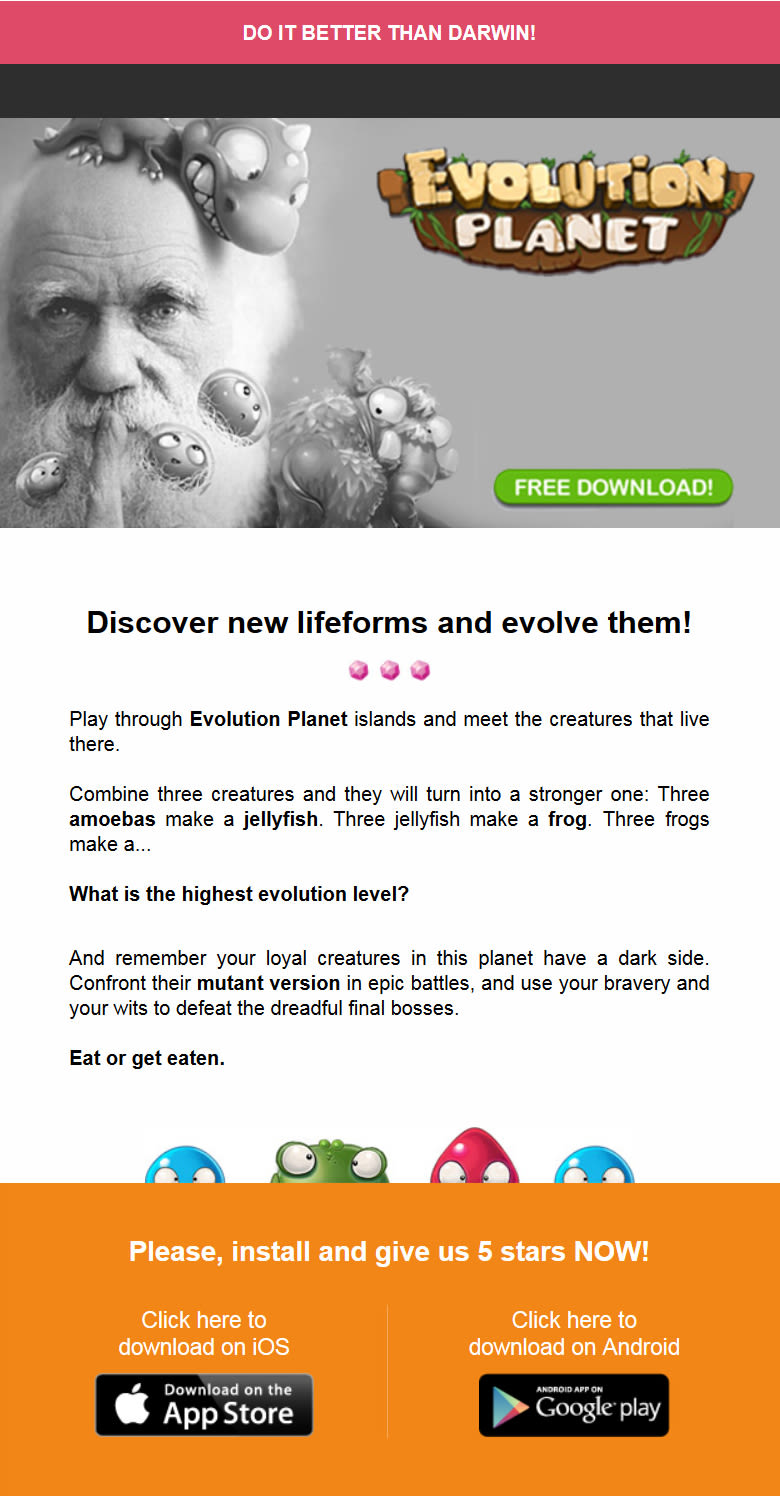 Newsletter Juego Evolution Planet de Play Wireless - Do it better than Darwin!  0