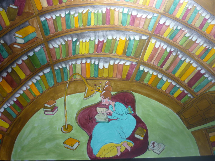 Reina egoista,en la biblioteca,ilustracion para libro infantil. 0
