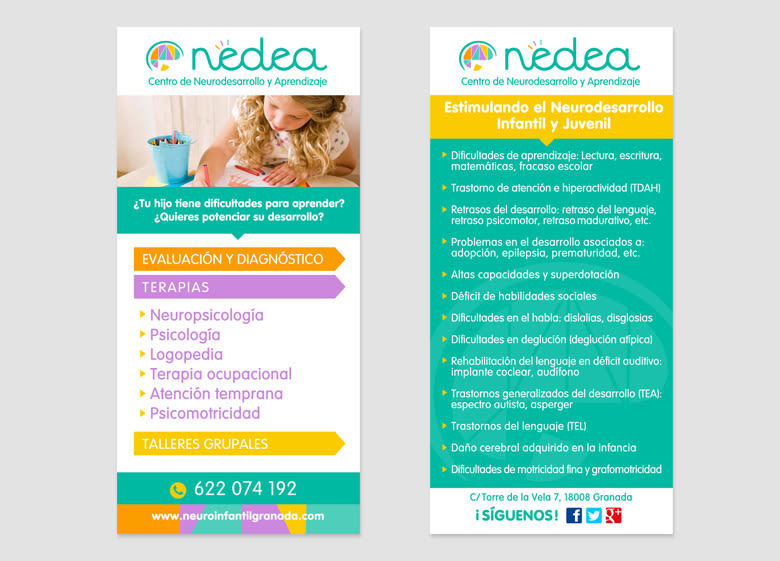 Diseño de identidad corporativa para NEDEA (Centro de Neurodesarrollo y Aprendizaje). Se trata de un centro ubicado en Granada y especializado en las áreas de neuropsicología, pedagogía, logopedia, terapia ocupacional y atención temprana. 1