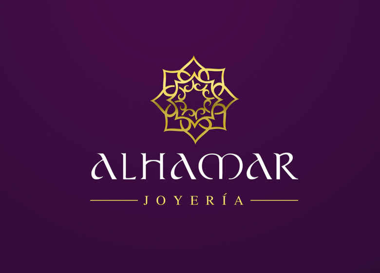 Diseño de logotipo para Alhamar, una tienda de joyas y bisutería marroquí situada en la Alcaicería de Granada (antiguo zoco musulmán de la ciudad). 2