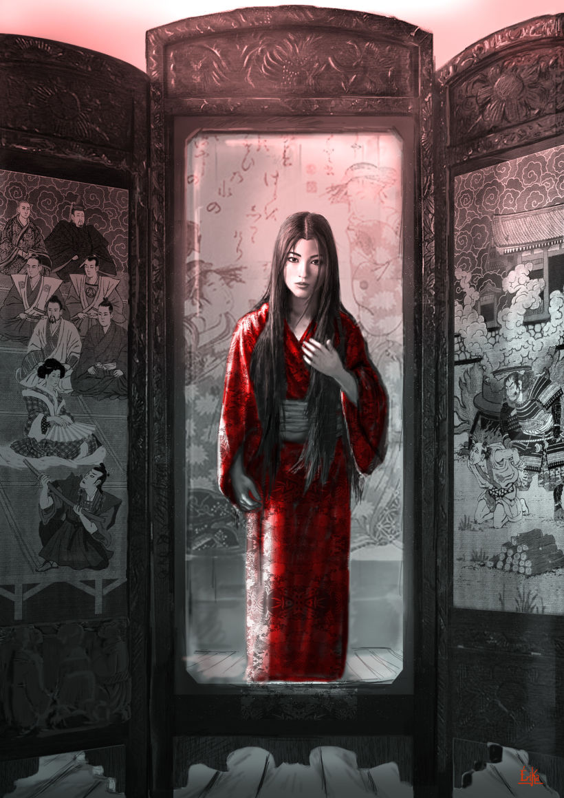Ilustración de la portada y páginas interiores de la novela histórica de fantasía Hiken: la historia de Joyko precuela de la trilogía "Las Crónicas del Bien y del Mal" 3