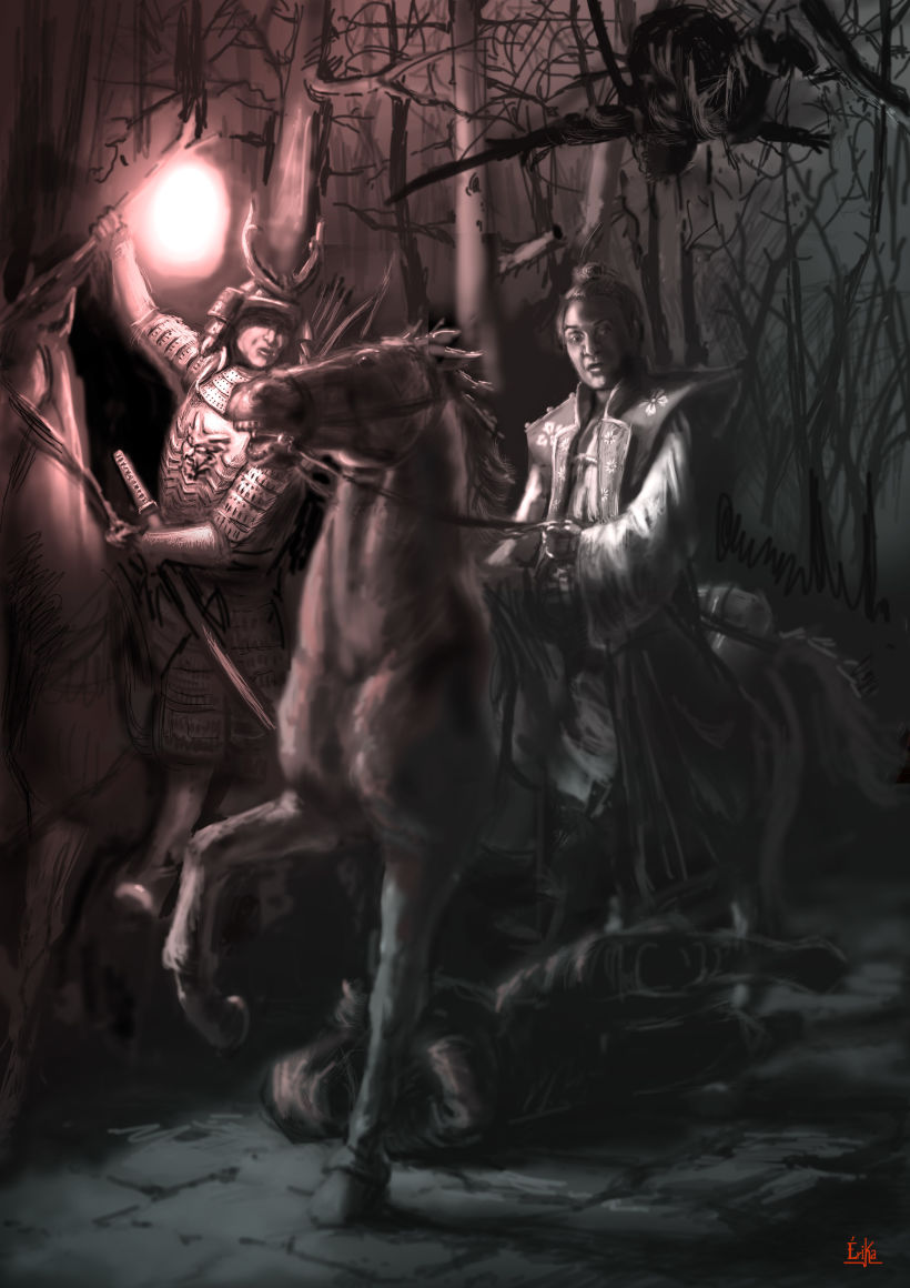 Ilustración de la portada y páginas interiores de la novela histórica de fantasía Hiken: la historia de Joyko precuela de la trilogía "Las Crónicas del Bien y del Mal" 5