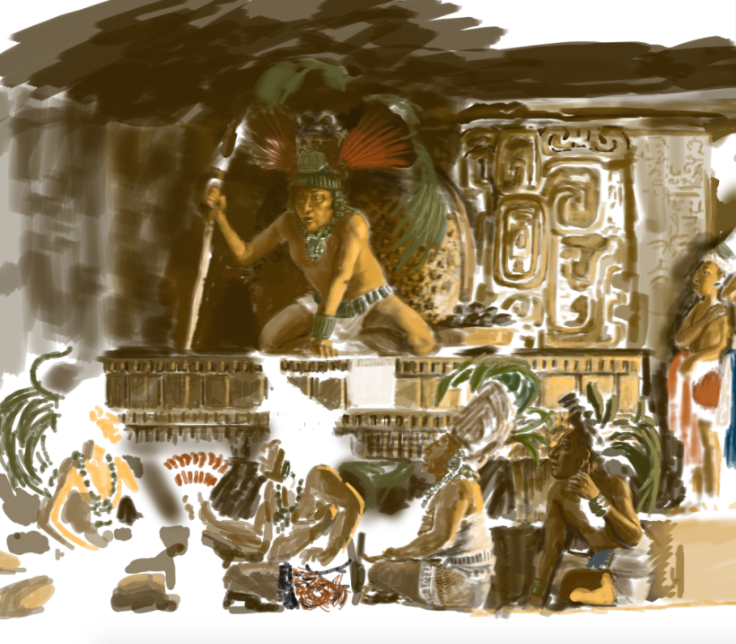 Dibujos por libre y pintura histórica de período clásico maya al gusto de la cocinera 4