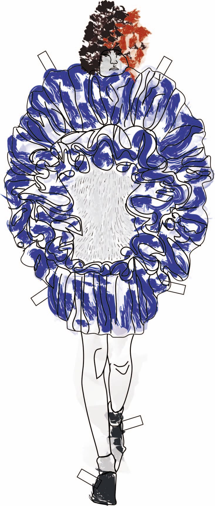 Ilustración de MODA,  donde se presentan como estampas a los figurines" COMME des GARÇONS"  temporada 16 H-M -1