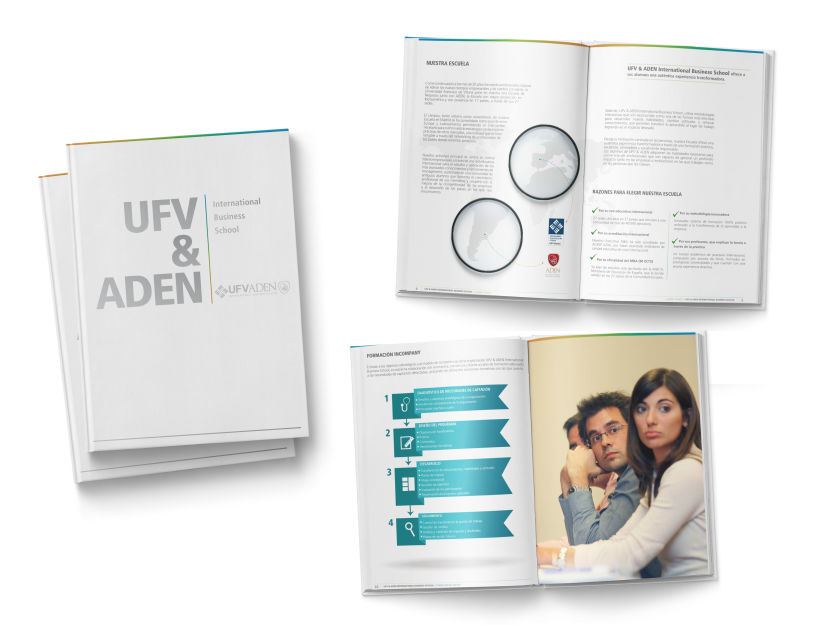 Creación de folleto corporativo y trípticos comerciales para escuela de negocios UFV - ADEN (2014) 1