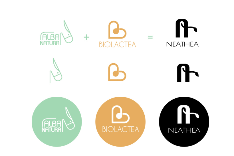 Logotipos, branding, diseño de flyers y de packagings que conforman la empresa NEATHEA (Alba Natura y Bioláctea) -1