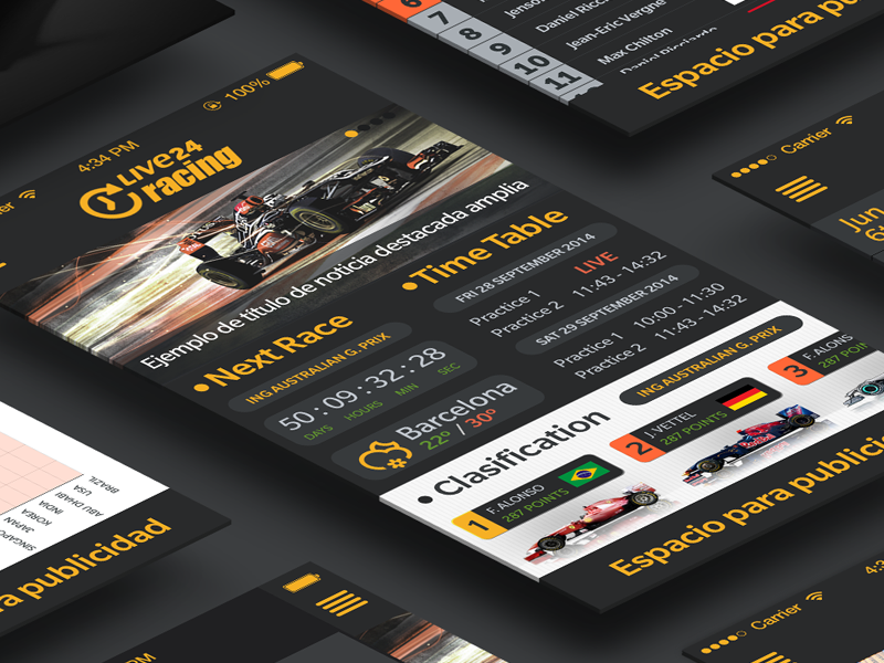Diseño de aplicación "Fórmula 1 Live24 Racing" disponible en Appstore y Playstore -1