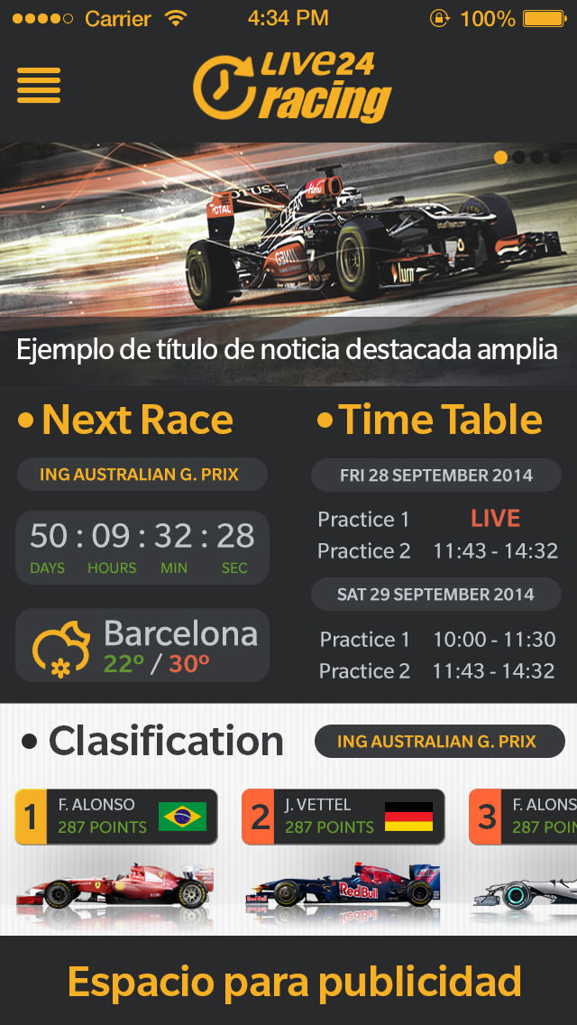 Diseño de aplicación "Fórmula 1 Live24 Racing" disponible en Appstore y Playstore 0