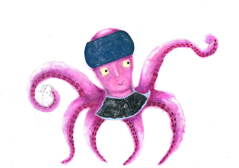 This octopus is the main character of the book that I am making a children's story. The technique is acrylic and collage. -1