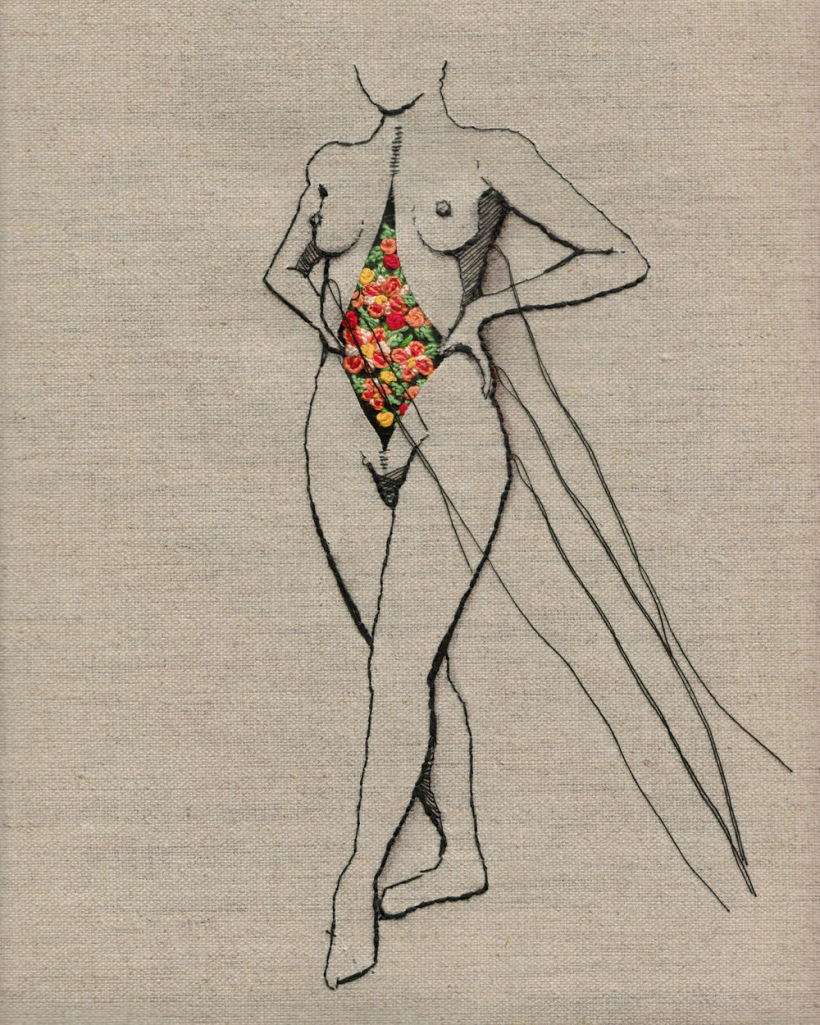 Anatomía femenina bordada con hilo y aguja 8