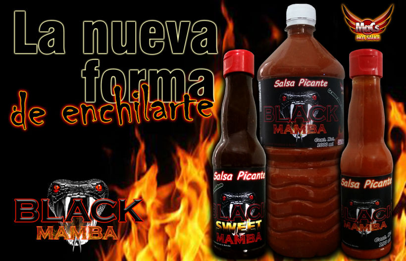 Diseño de imagen de etiqueta y logotipo para lanzamiento de producto nuevo "BLACK MAMBA" de SALSA PARA ALITAS "MACS HOT SAUCE" 1
