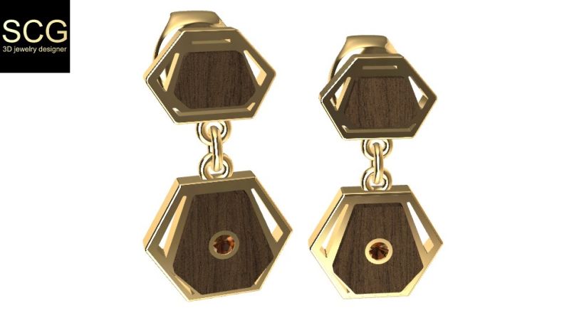 Earrings with wood and gems -1