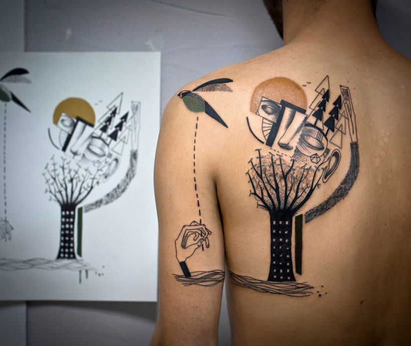 Tatuajes, esculturas y murales que retratan la vida de manera abstracta 3