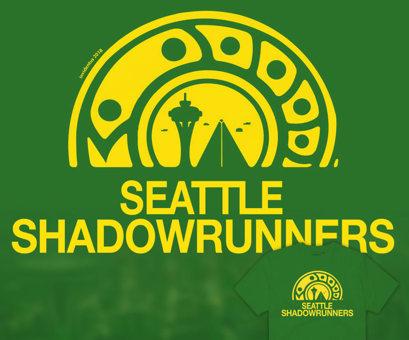 "Seattle Shadowrunners", 2018. Ps. T-Shirt design inspired by Catalyst's Shadowrun RPG and the Seattle Supersonics logo.