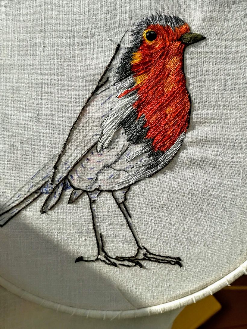 Mi Proyecto del curso: Pintar con hilo: técnicas de ilustración textil, Aquí esta mi petirrojo listo para volar 3
