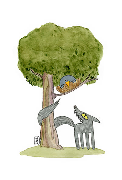 Ilustración del cuento popular "A merla e o lobo" 