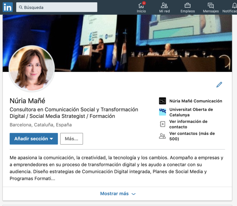 Perfil de LinkedIn de Núria Mañé