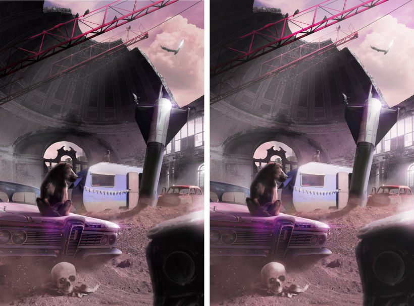 A la izquierda, imagen con iluminación natural y artificial. A la derecha, imagen después de aplicar los ajustes finales.