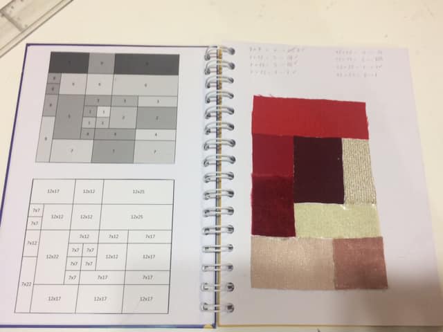 Diseño del proyecto y selección de textiles (al final usé lo que tenía en casa en una gama del rojo al crema)
