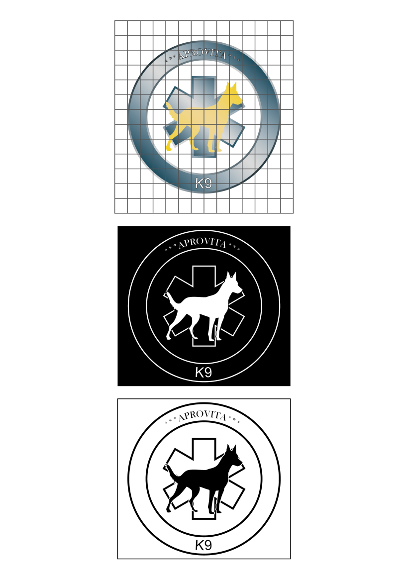Versiones de color blanco y negro del logotipo de APROVITA K9 y espacio necesario