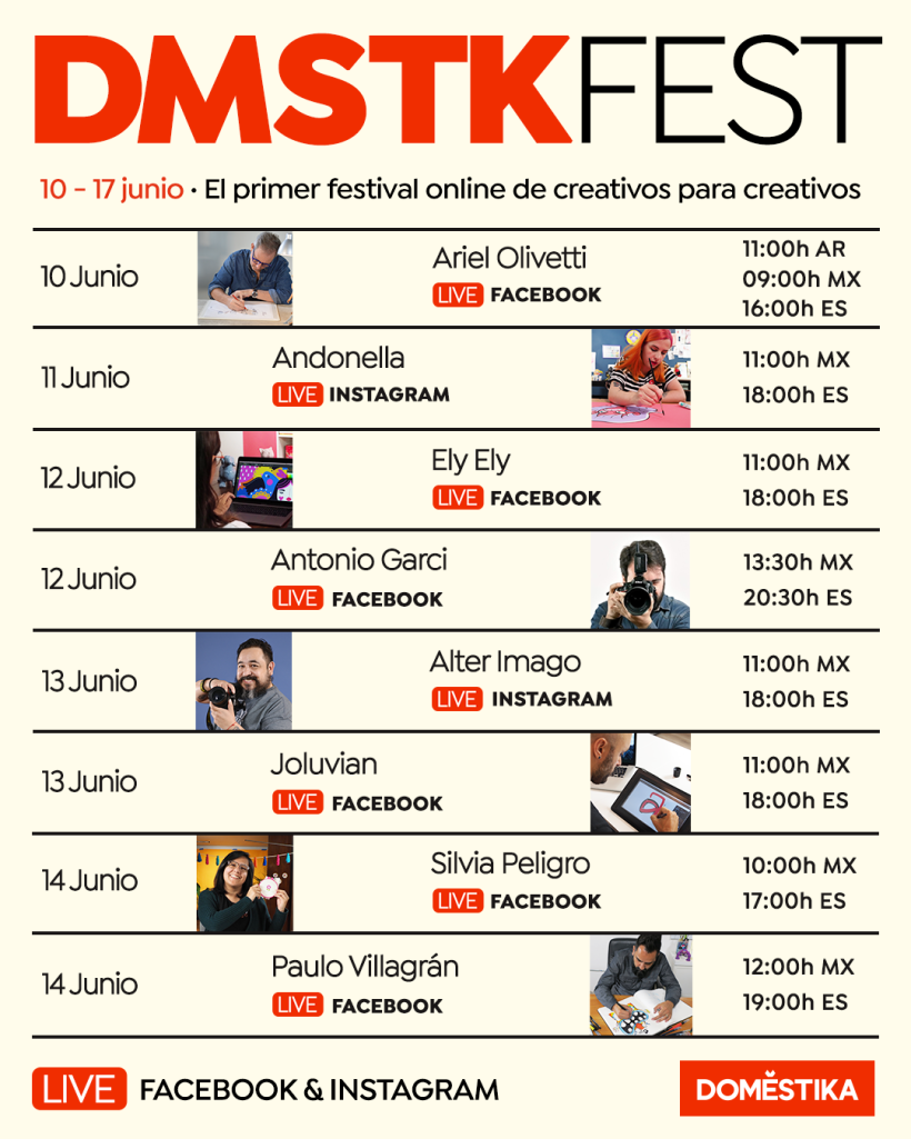 Horarios de los encuentros con creativos durante el DMSTKFest 2019 entre el 10 y el 14 de junio de 2019