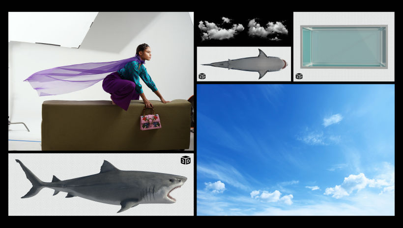 Este es el material utilizado: Cielo y nubes de stock. Fotografía de estudio (modelo) + 3D renders de tiburón y tanque.