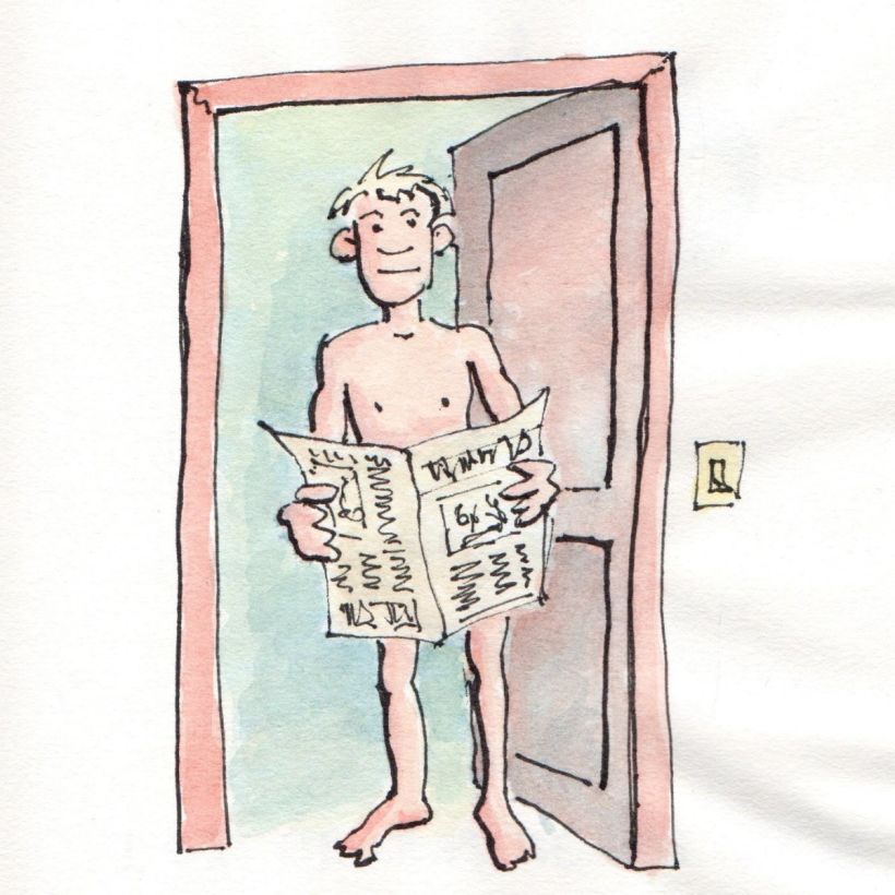 Los nudistas llevan un diario en la mano por si llega una visita.