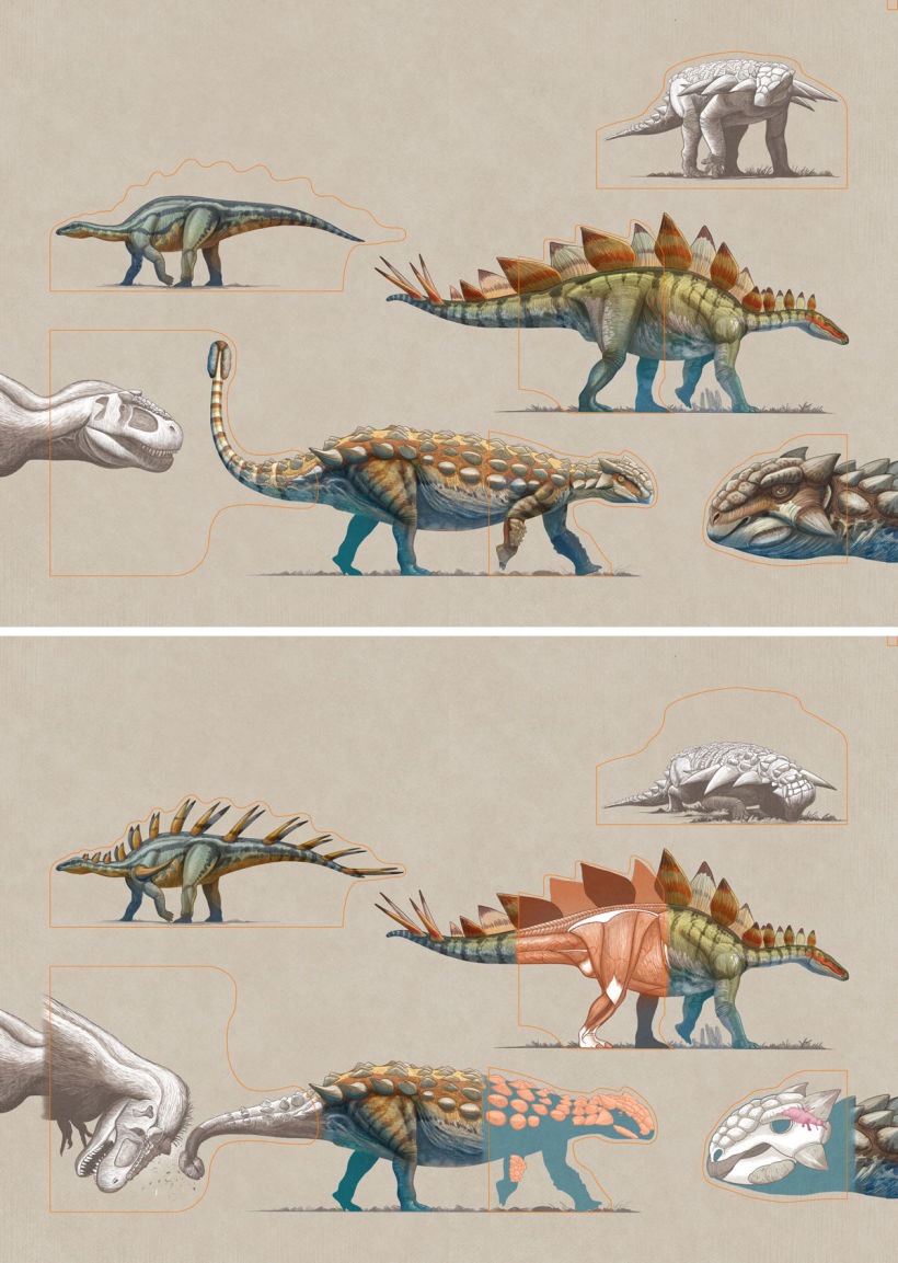 Las dos planchas del spread de los dinosaurios acorazados con las solapas marcadas.
